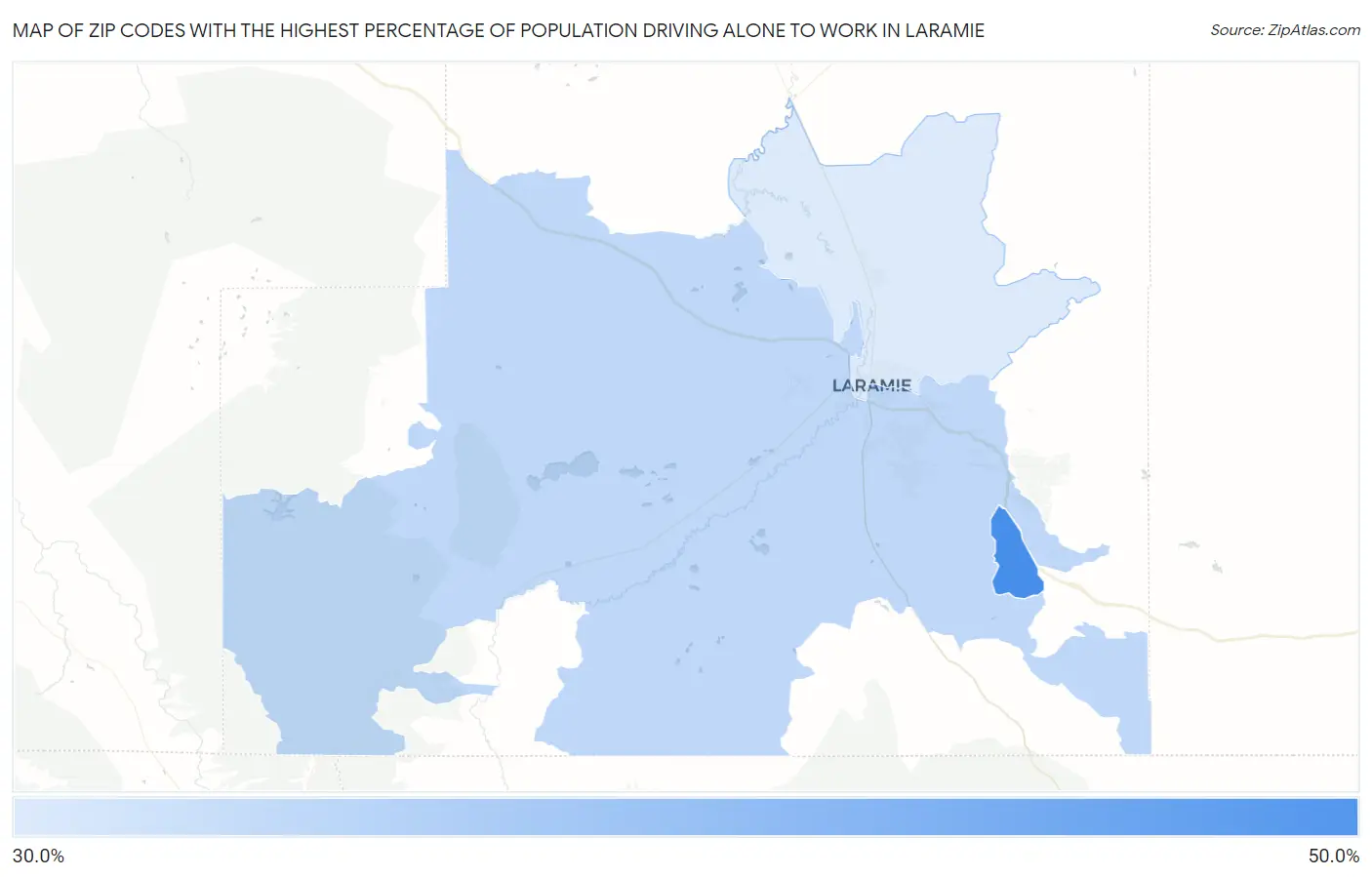 Zip Codes with the Highest Percentage of Population Driving Alone to Work in Laramie Map