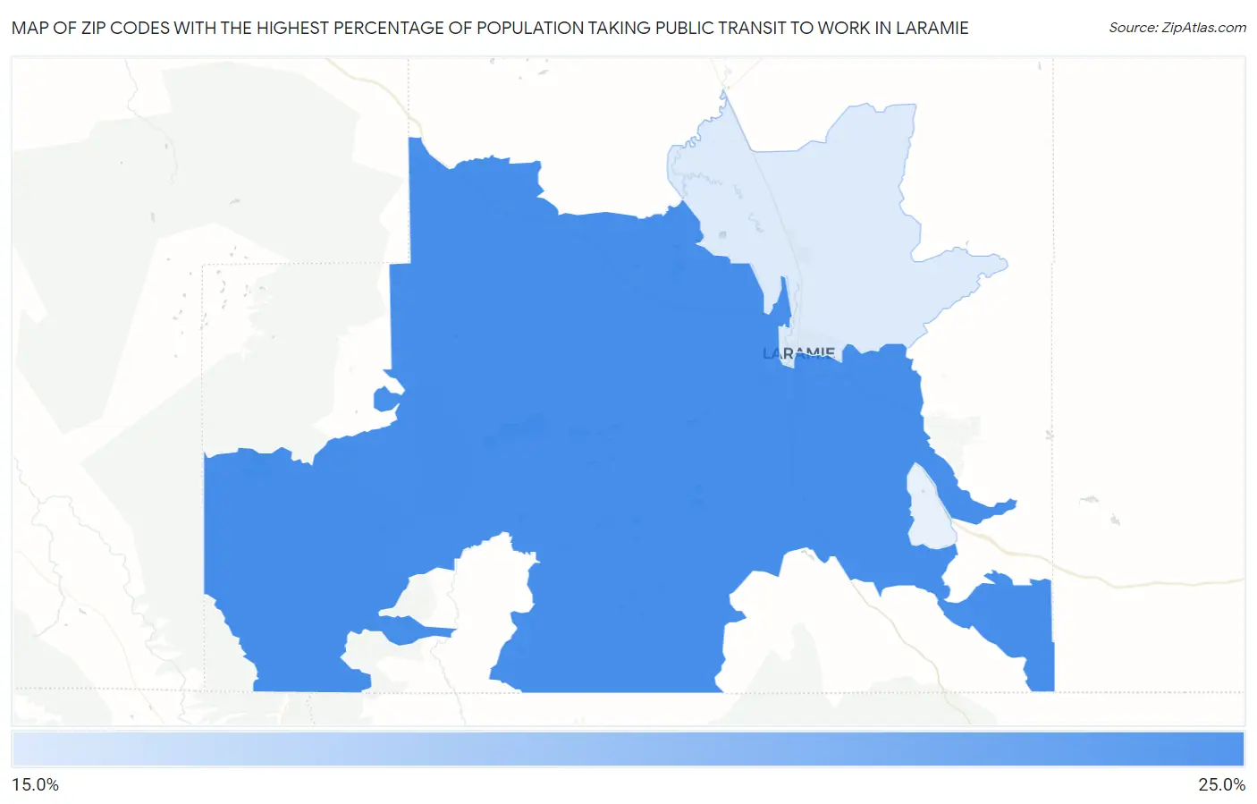 Zip Codes with the Highest Percentage of Population Taking Public Transit to Work in Laramie Map