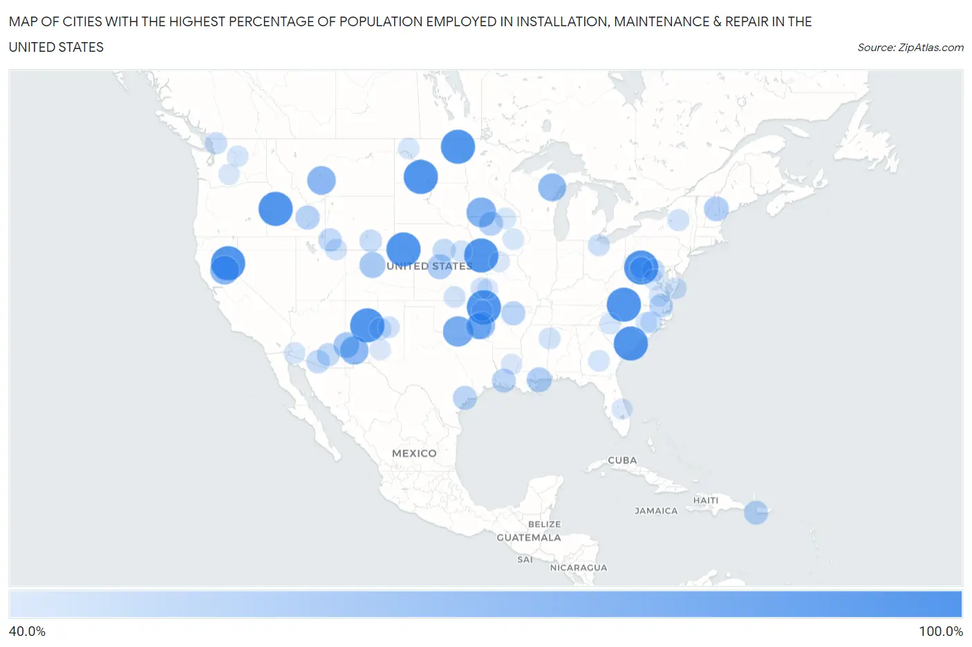 Cities with the Highest Percentage of Population Employed in Installation, Maintenance & Repair in the United States Map