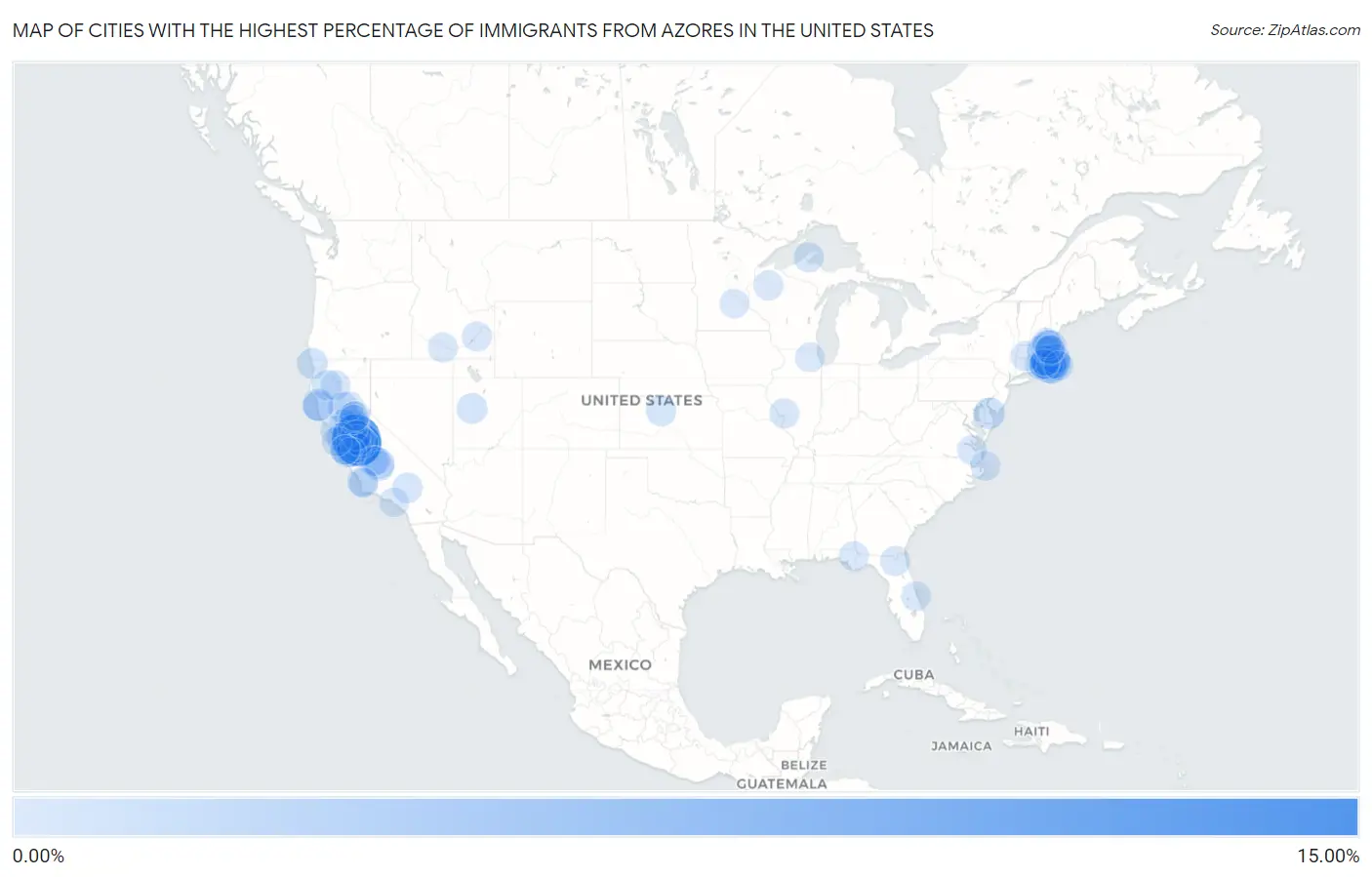 Cities with the Highest Percentage of Immigrants from Azores in the United States Map