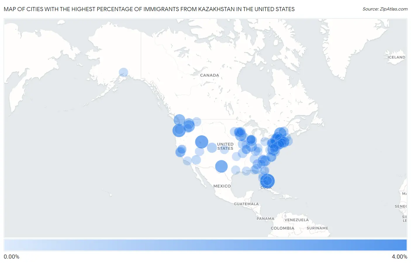 Cities with the Highest Percentage of Immigrants from Kazakhstan in the United States Map