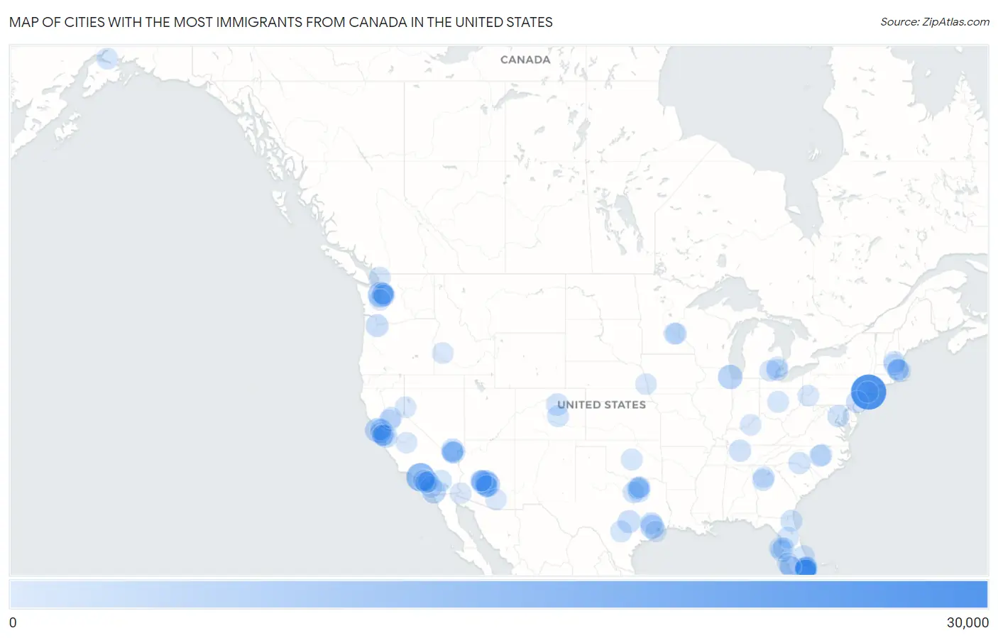 Cities with the Most Immigrants from Canada in the United States Map