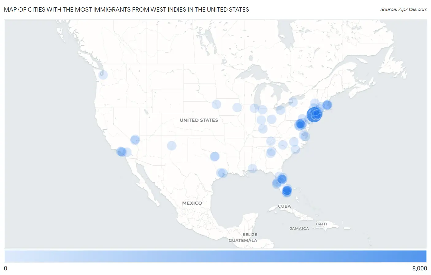 Cities with the Most Immigrants from West Indies in the United States Map