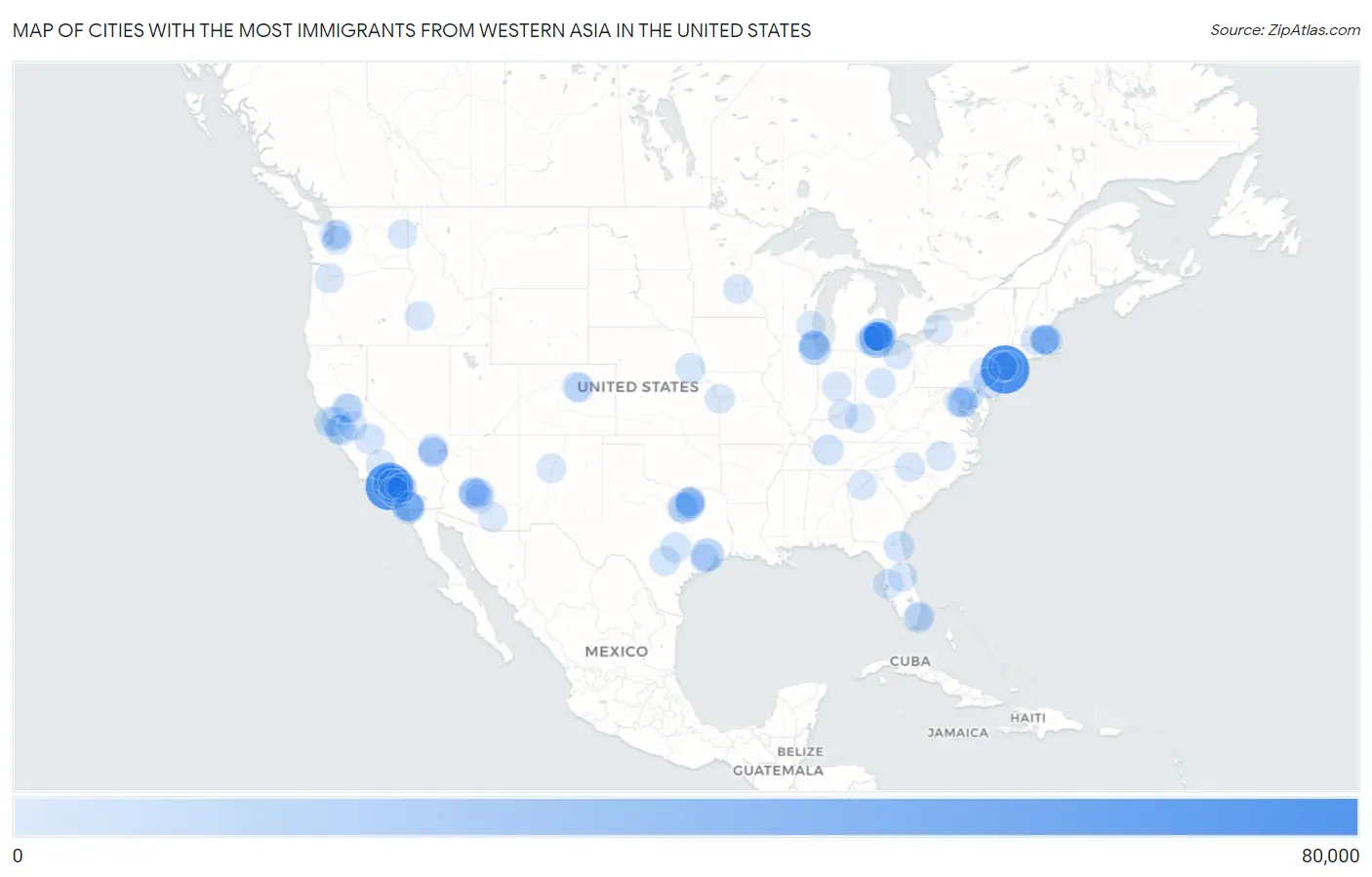 Cities with the Most Immigrants from Western Asia in the United States Map