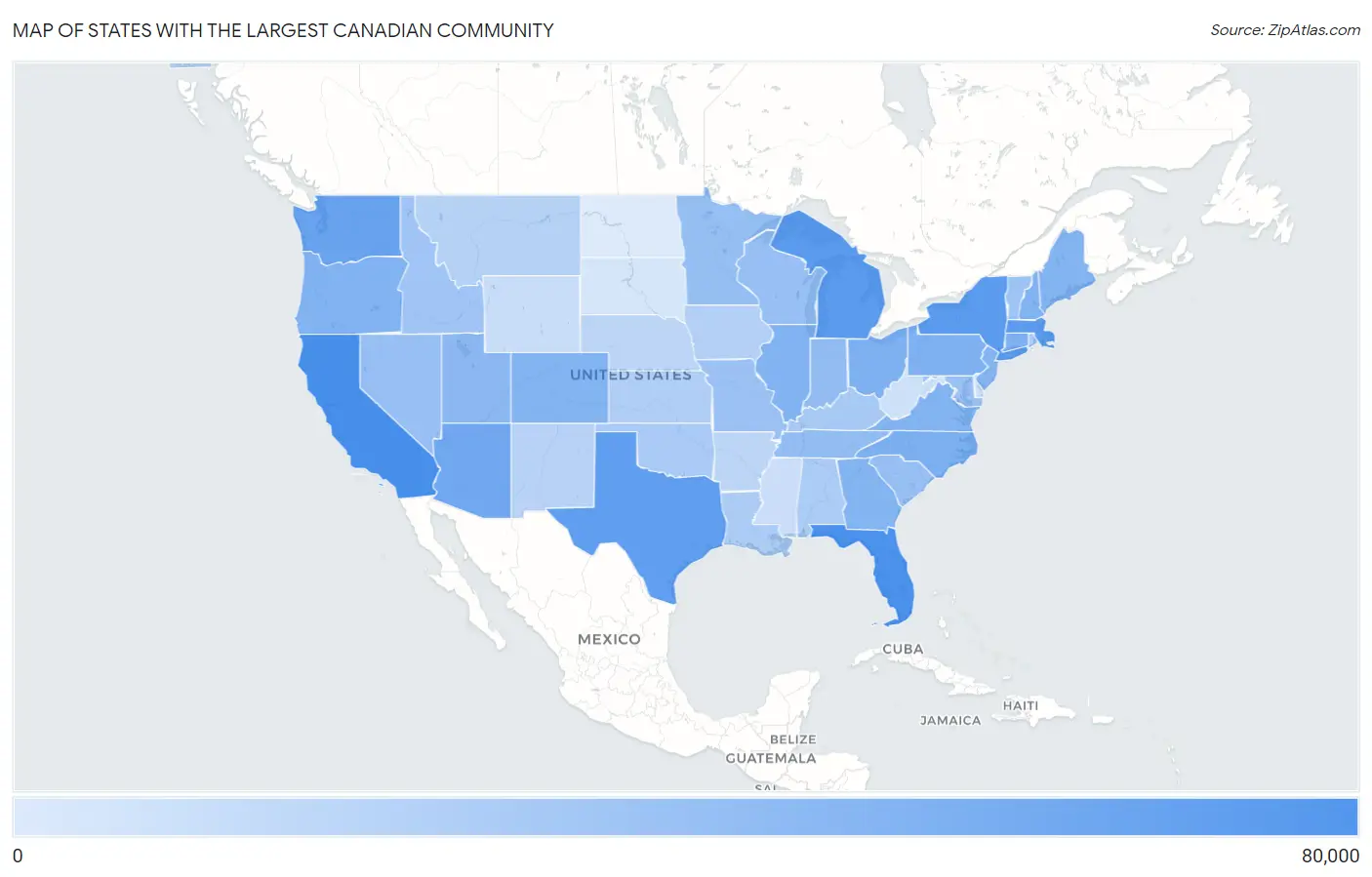 States with the Largest Canadian Community in the United States Map