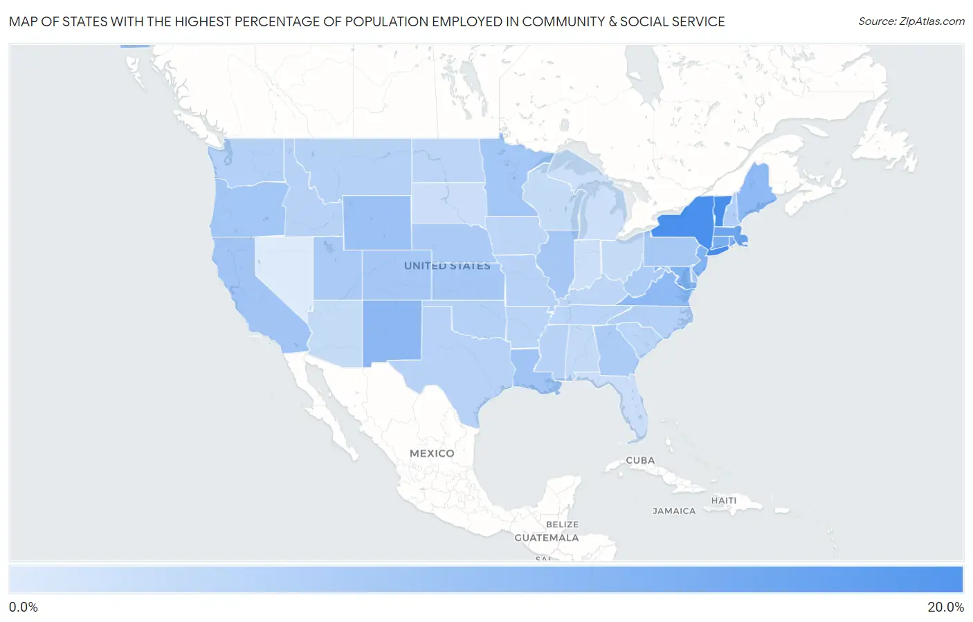 States with the Highest Percentage of Population Employed in Community & Social Service  in the United States Map