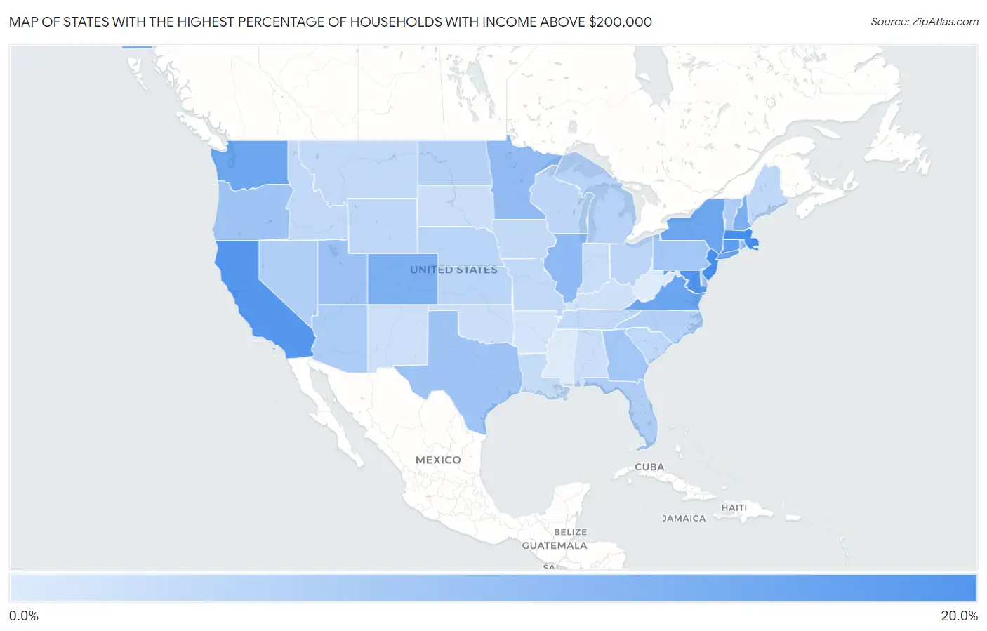 States with the Highest Percentage of Households with Income Above $200,000 in the United States Map