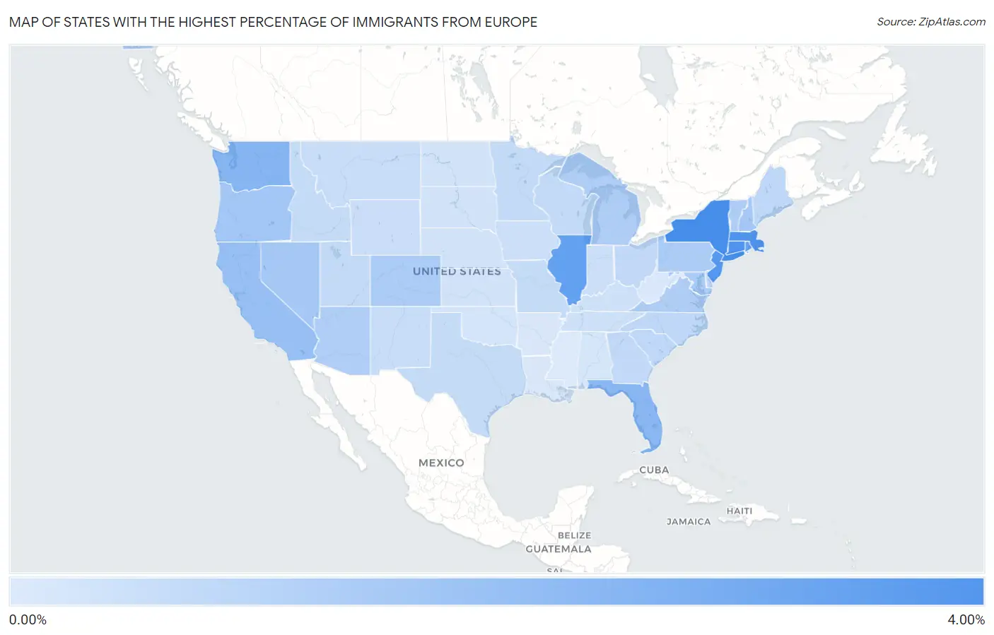 States with the Highest Percentage of Immigrants from Europe in the United States Map