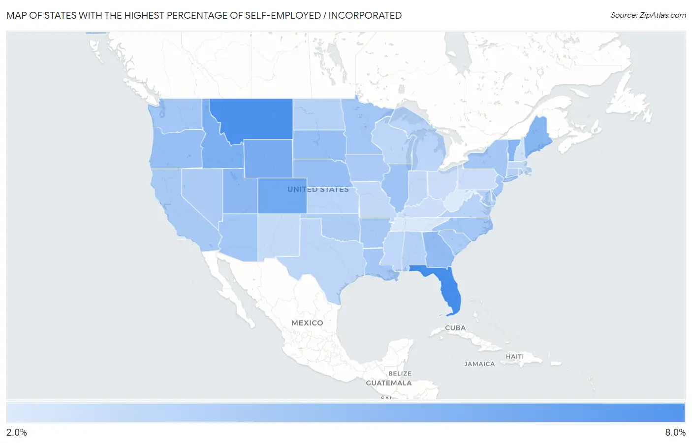 States with the Highest Percentage of Self-Employed / Incorporated in the United States Map