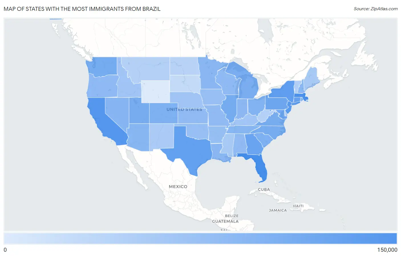 States with the Most Immigrants from Brazil in the United States Map