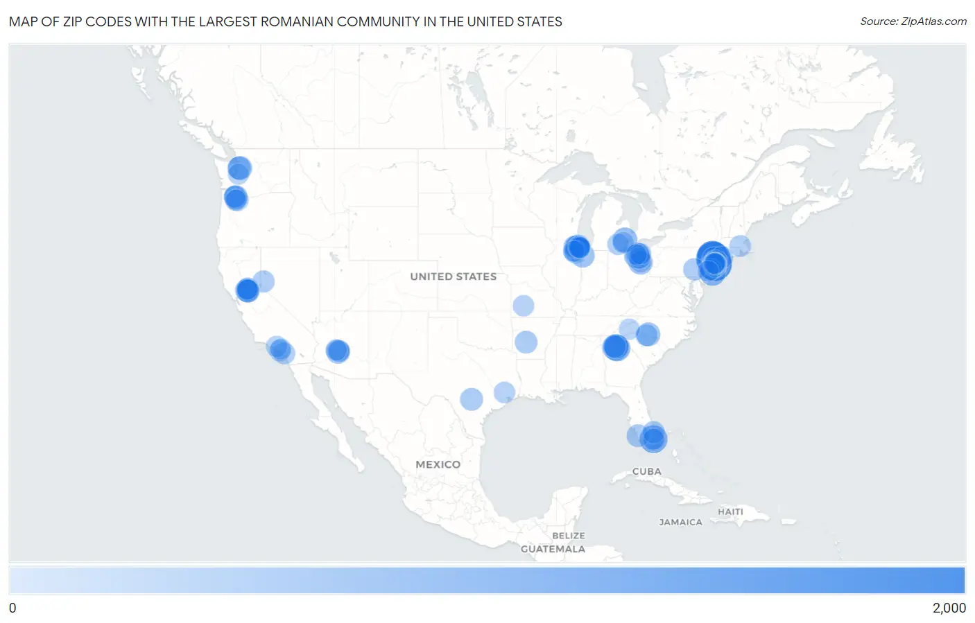 Zip Codes with the Largest Romanian Community in the United States Map