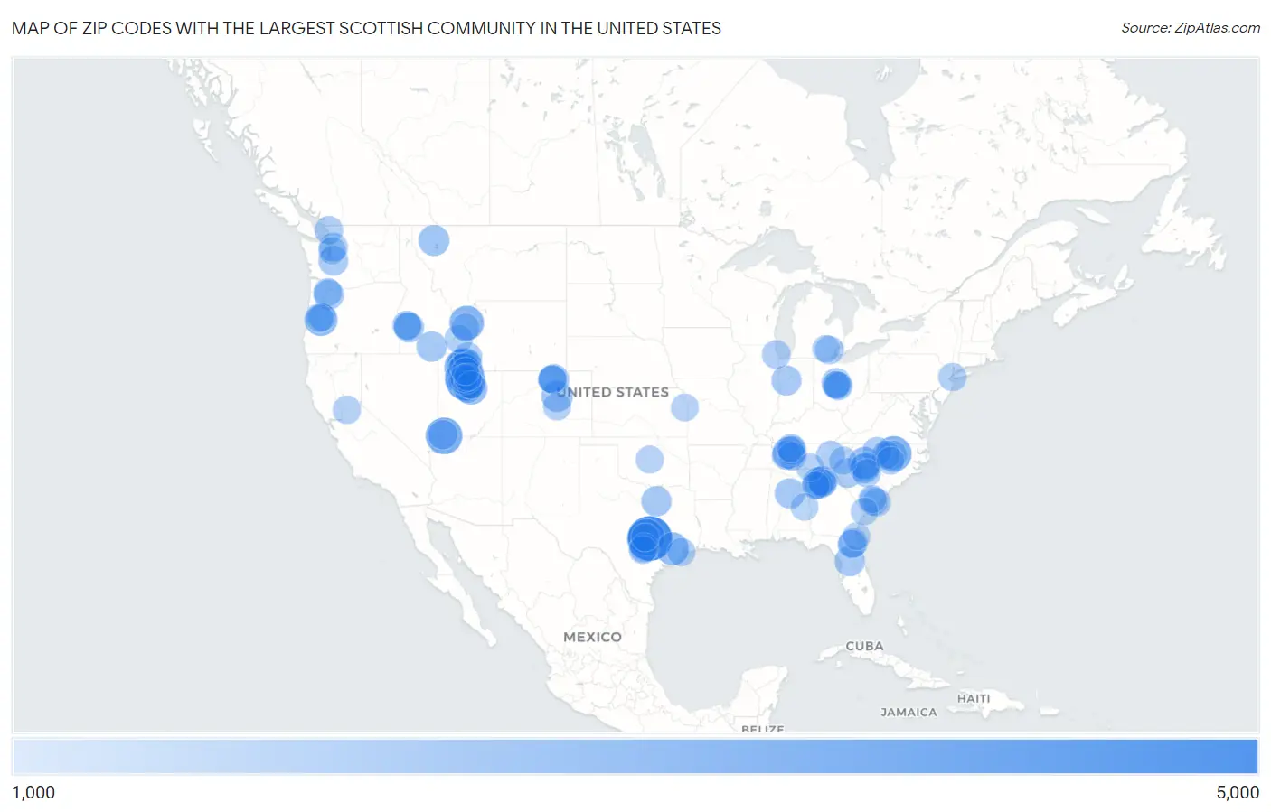 Zip Codes with the Largest Scottish Community in the United States Map