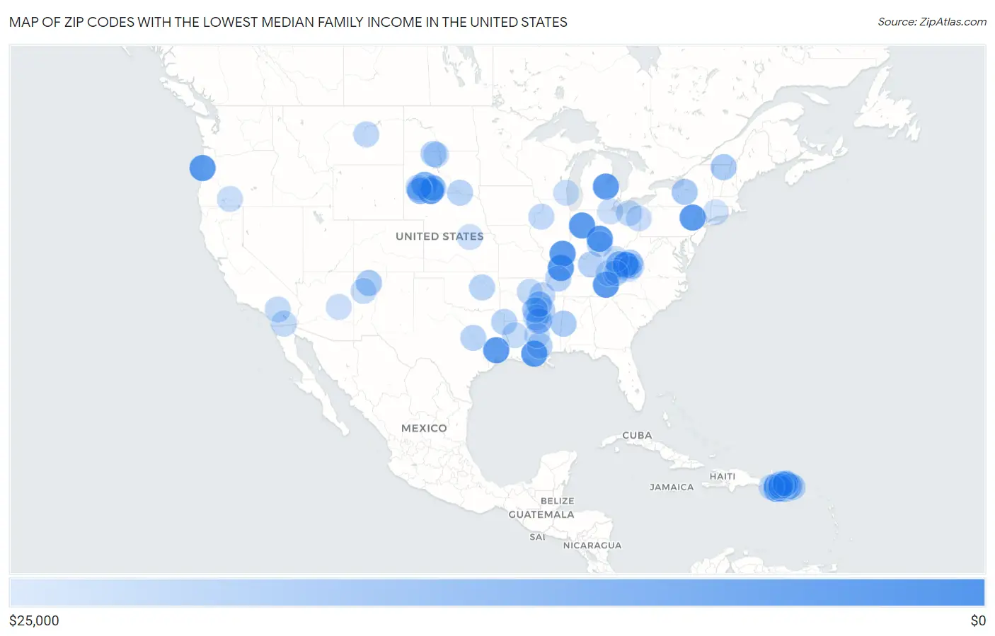 Zip Codes with the Lowest Median Family Income in the United States Map