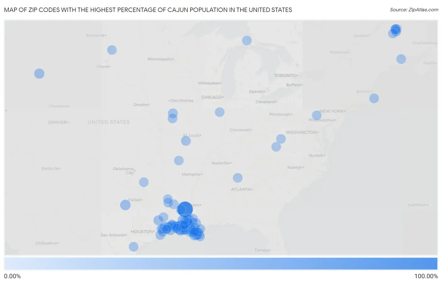 Zip Codes with the Highest Percentage of Cajun Population in the United States Map