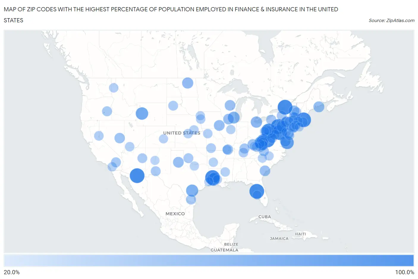 Zip Codes with the Highest Percentage of Population Employed in Finance & Insurance in the United States Map