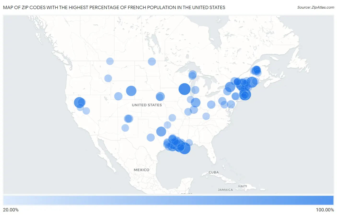 Zip Codes with the Highest Percentage of French Population in the United States Map