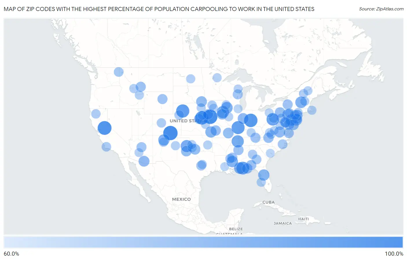 Zip Codes with the Highest Percentage of Population Carpooling to Work in the United States Map