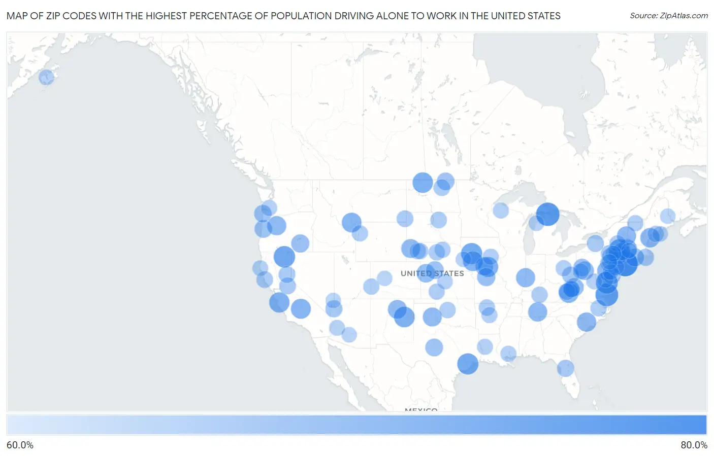 Zip Codes with the Highest Percentage of Population Driving Alone to Work in the United States Map