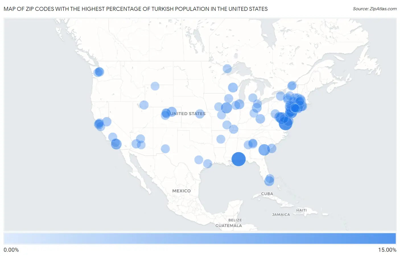 Zip Codes with the Highest Percentage of Turkish Population in the United States Map