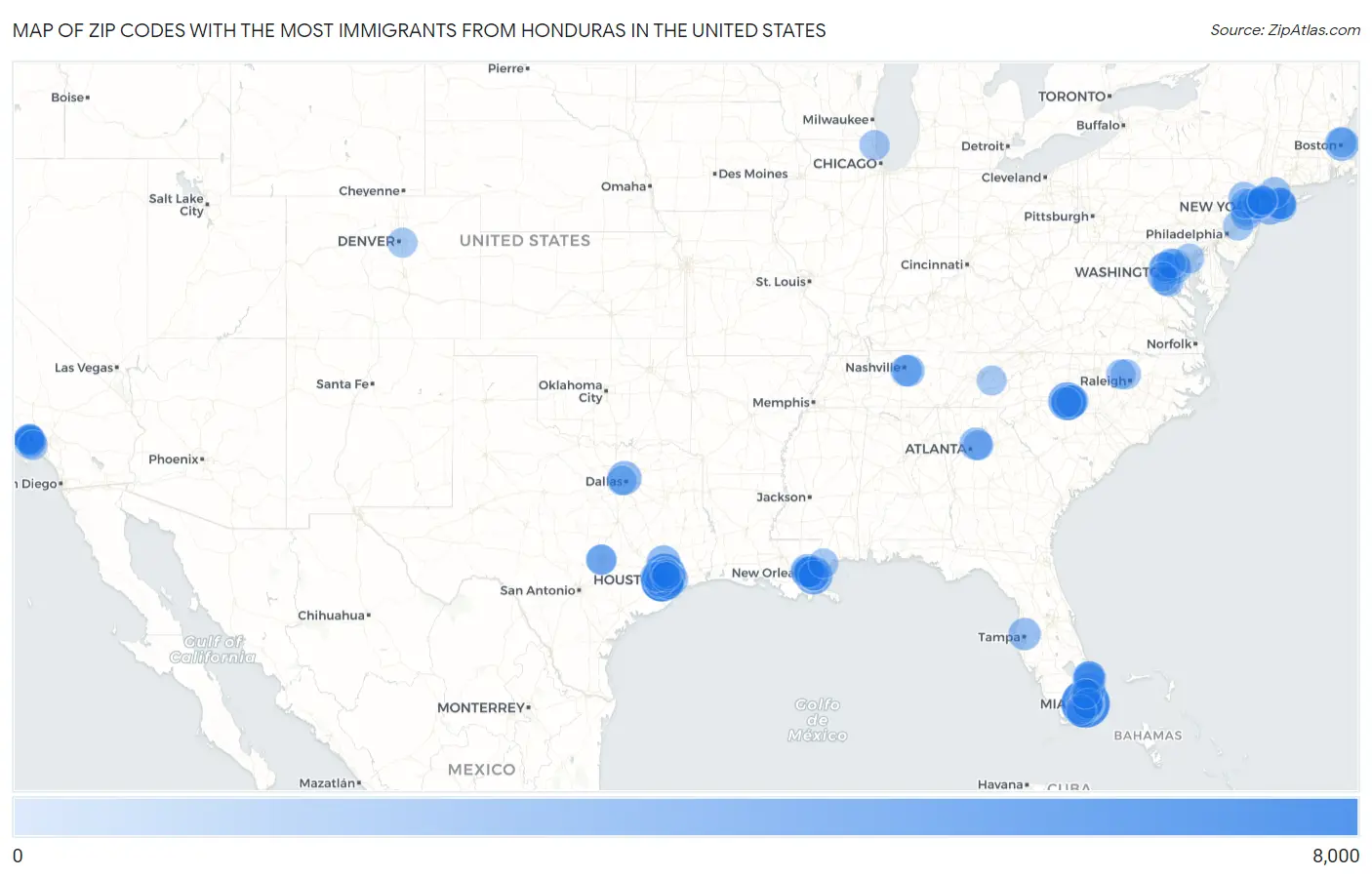 Zip Codes with the Most Immigrants from Honduras in the United States Map