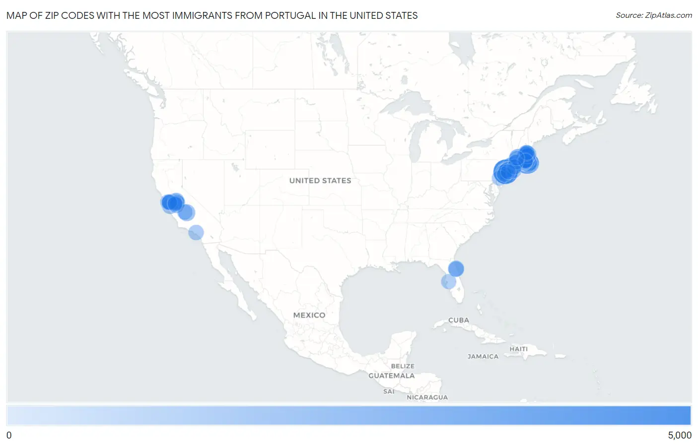 Zip Codes with the Most Immigrants from Portugal in the United States Map