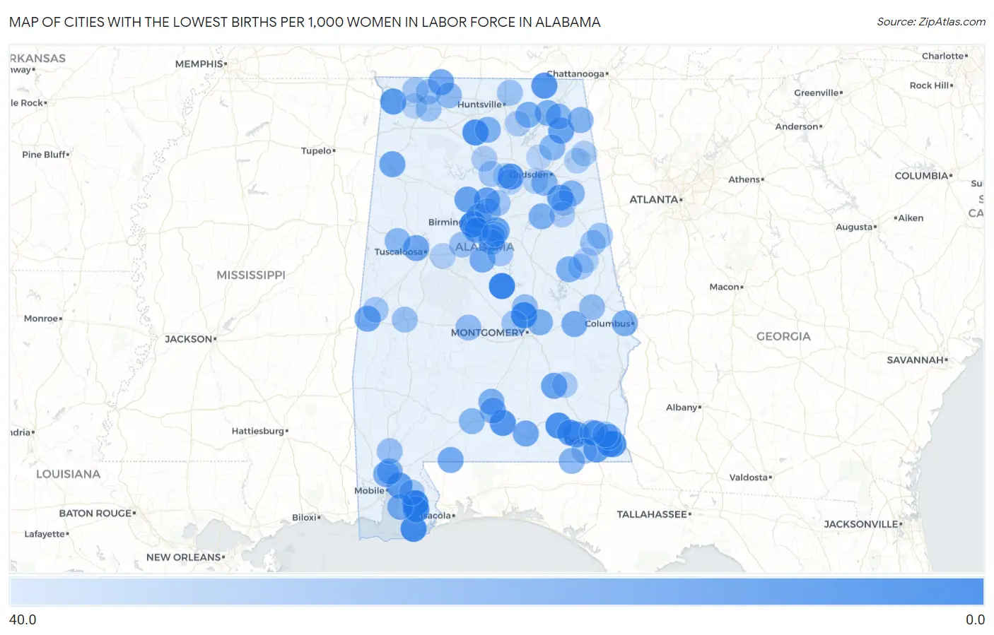 Cities with the Lowest Births per 1,000 Women in Labor Force in Alabama Map