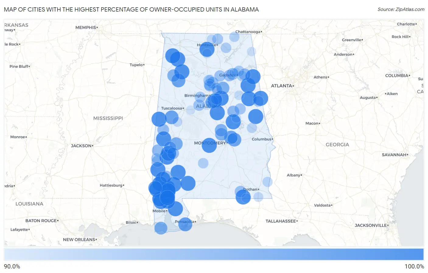 Cities with the Highest Percentage of Owner-Occupied Units in Alabama Map