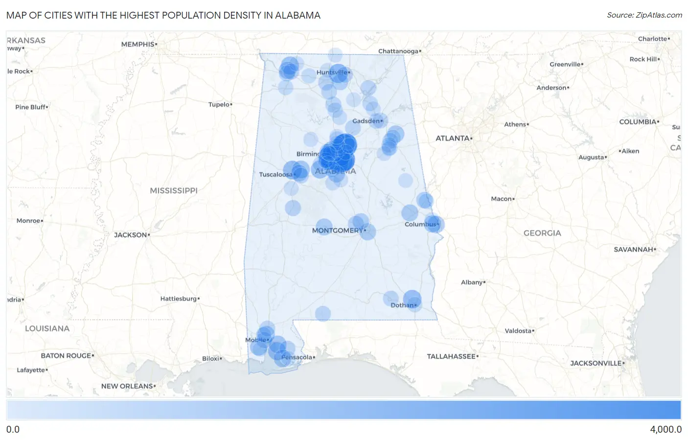 Cities with the Highest Population Density in Alabama Map