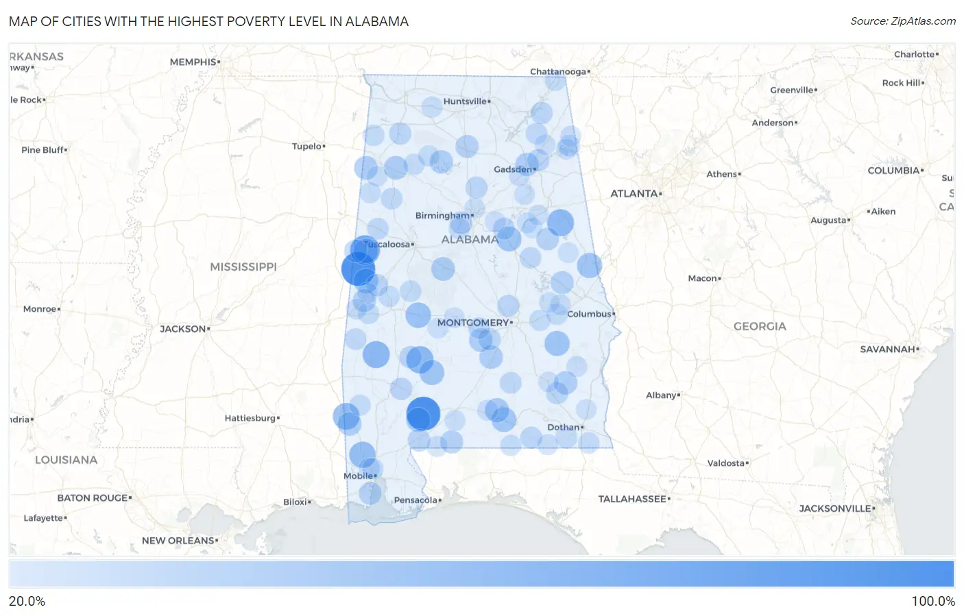 Cities with the Highest Poverty Level in Alabama Map
