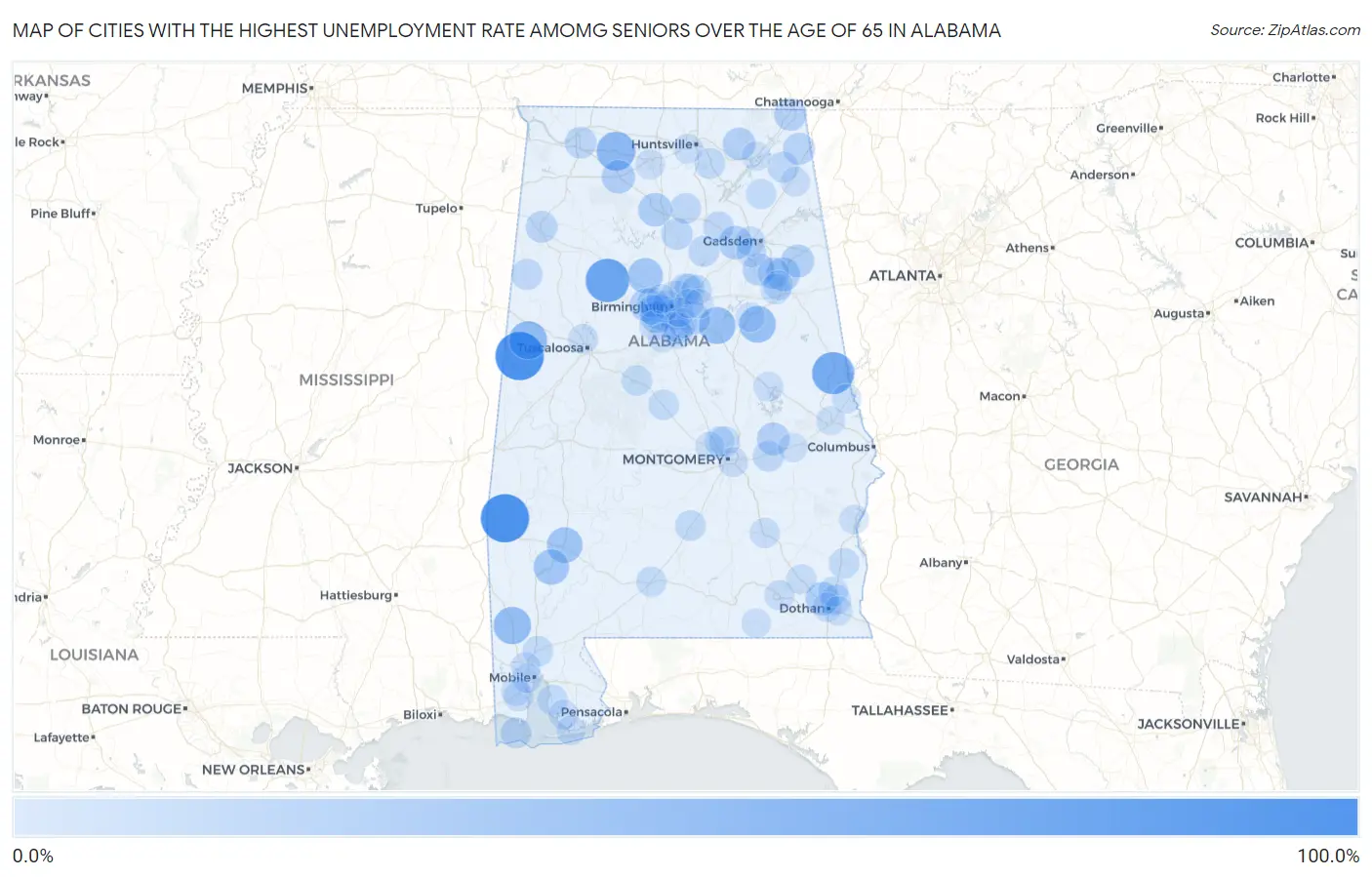 Cities with the Highest Unemployment Rate Amomg Seniors Over the Age of 65 in Alabama Map