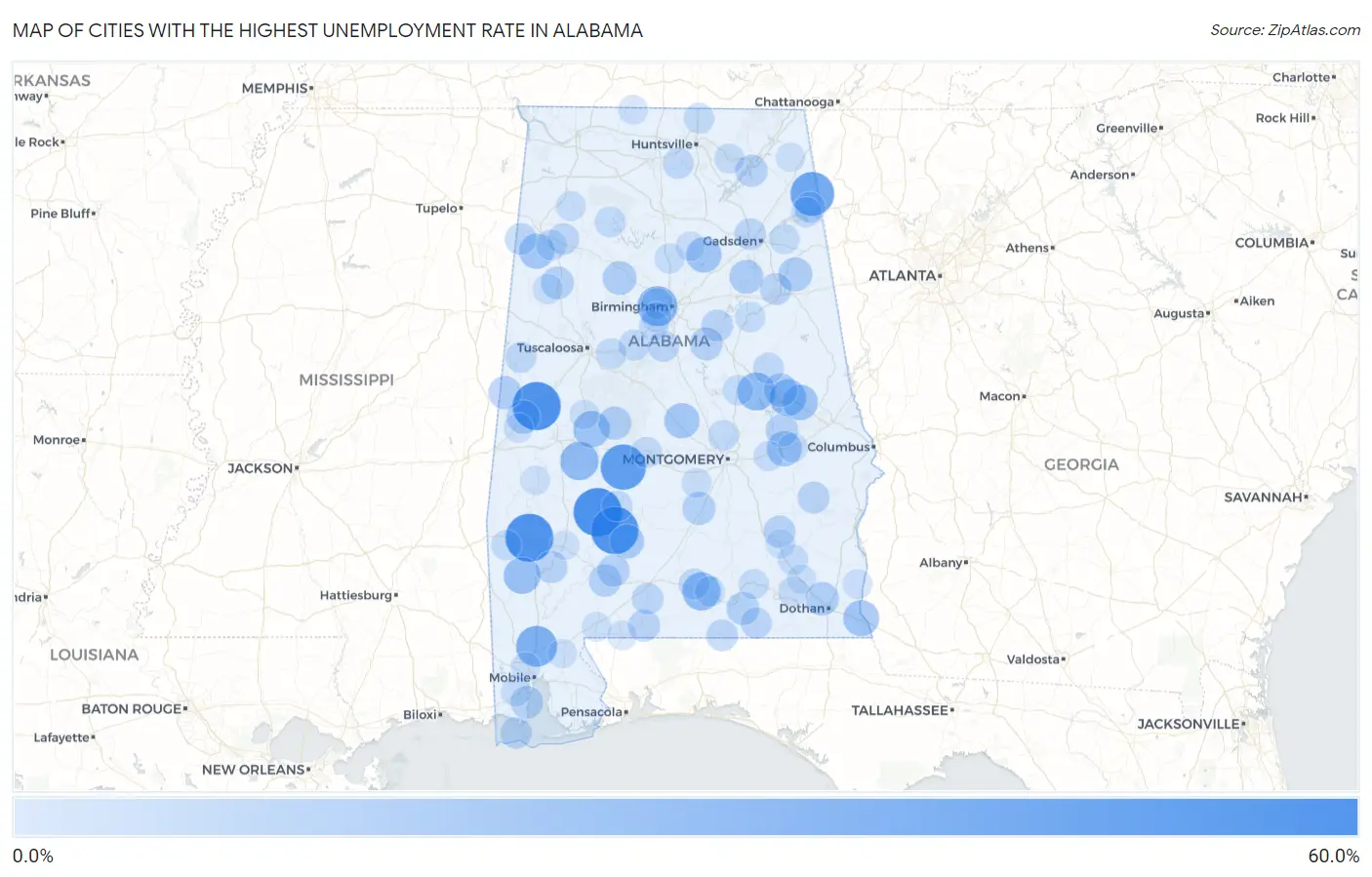 Cities with the Highest Unemployment Rate in Alabama Map