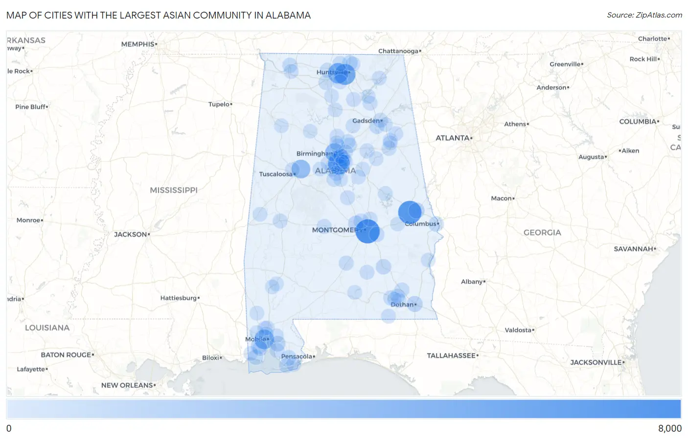 Cities with the Largest Asian Community in Alabama Map