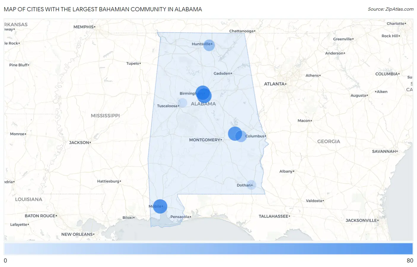 Cities with the Largest Bahamian Community in Alabama Map