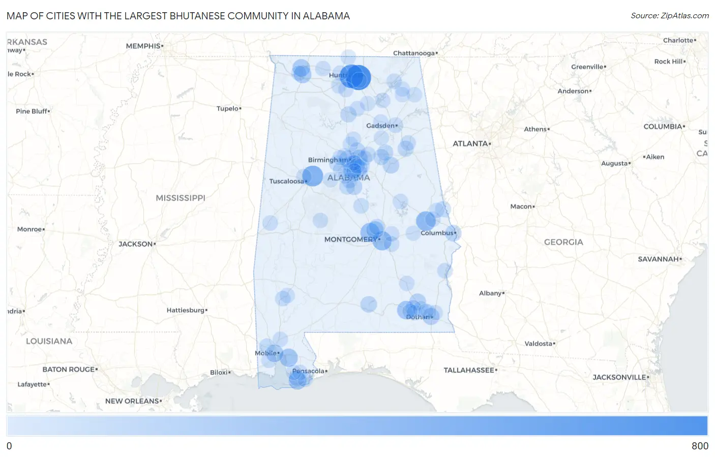 Cities with the Largest Bhutanese Community in Alabama Map
