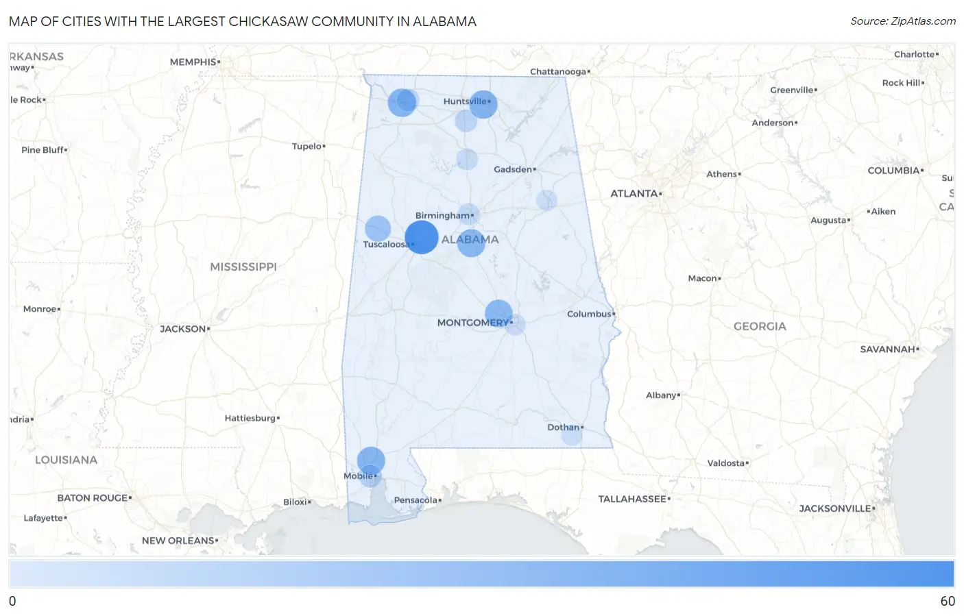 Cities with the Largest Chickasaw Community in Alabama Map