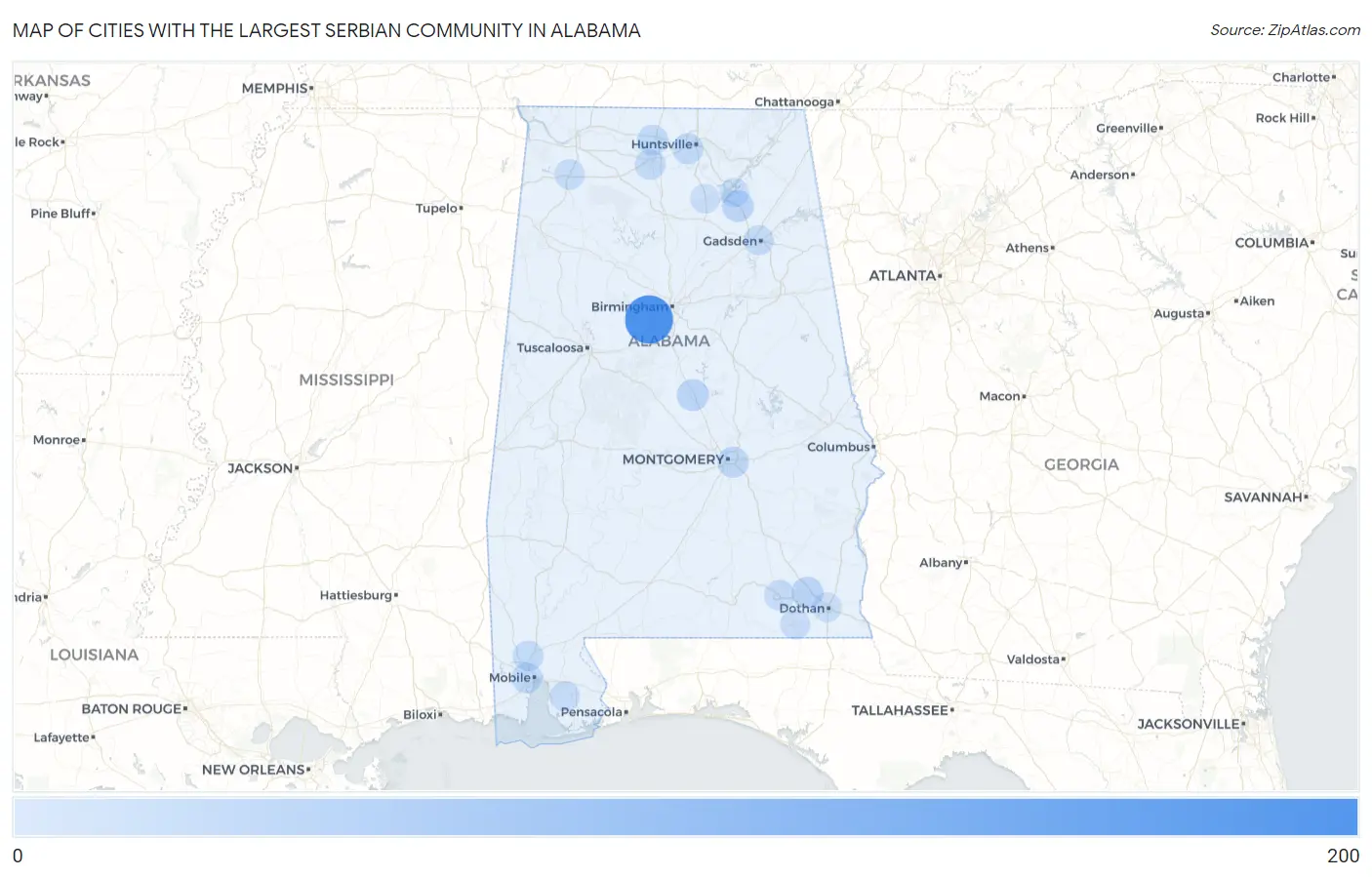 Cities with the Largest Serbian Community in Alabama Map