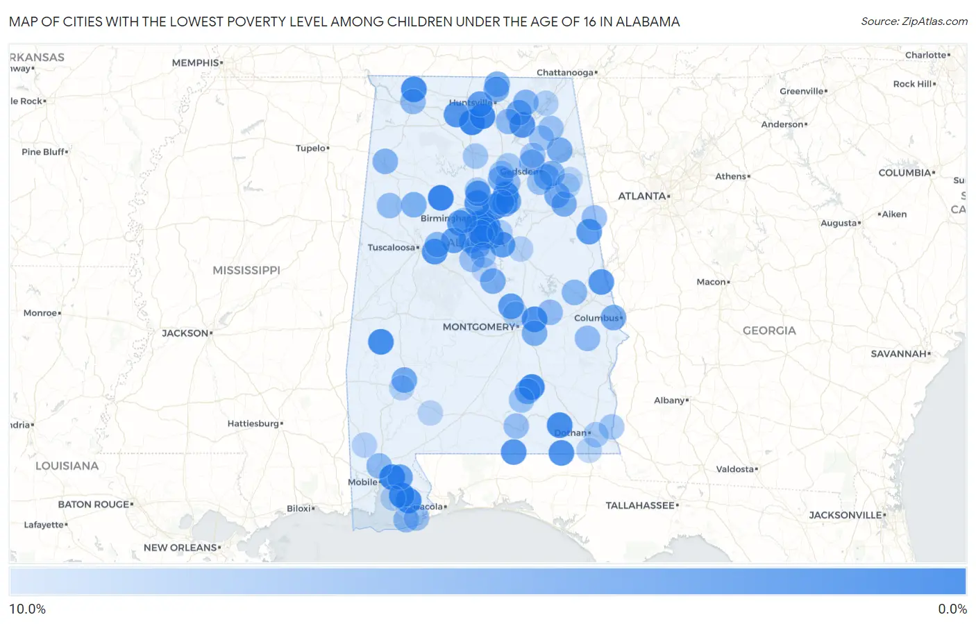 Cities with the Lowest Poverty Level Among Children Under the Age of 16 in Alabama Map