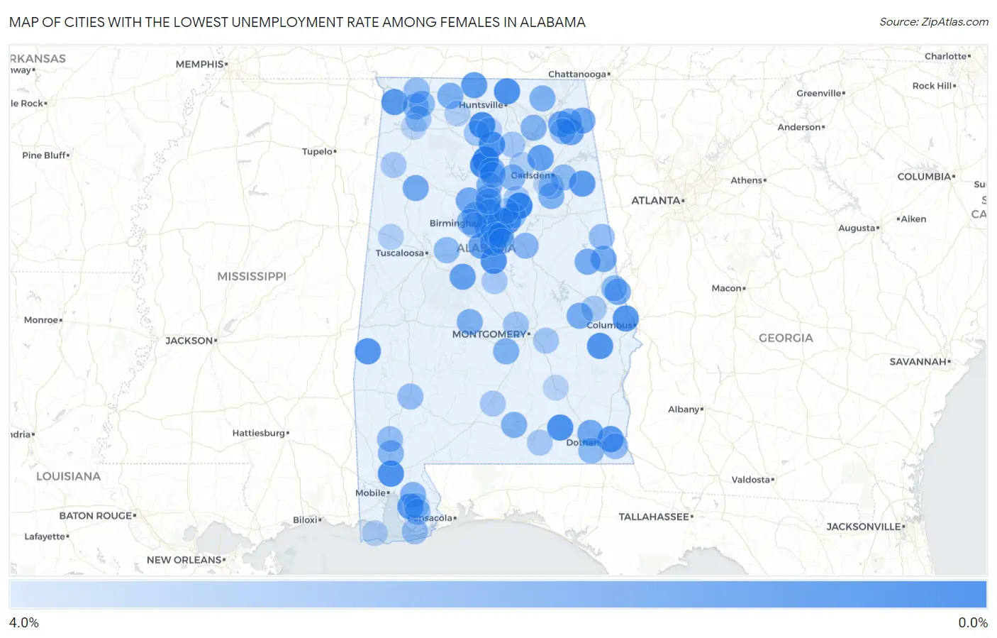 Cities with the Lowest Unemployment Rate Among Females in Alabama Map