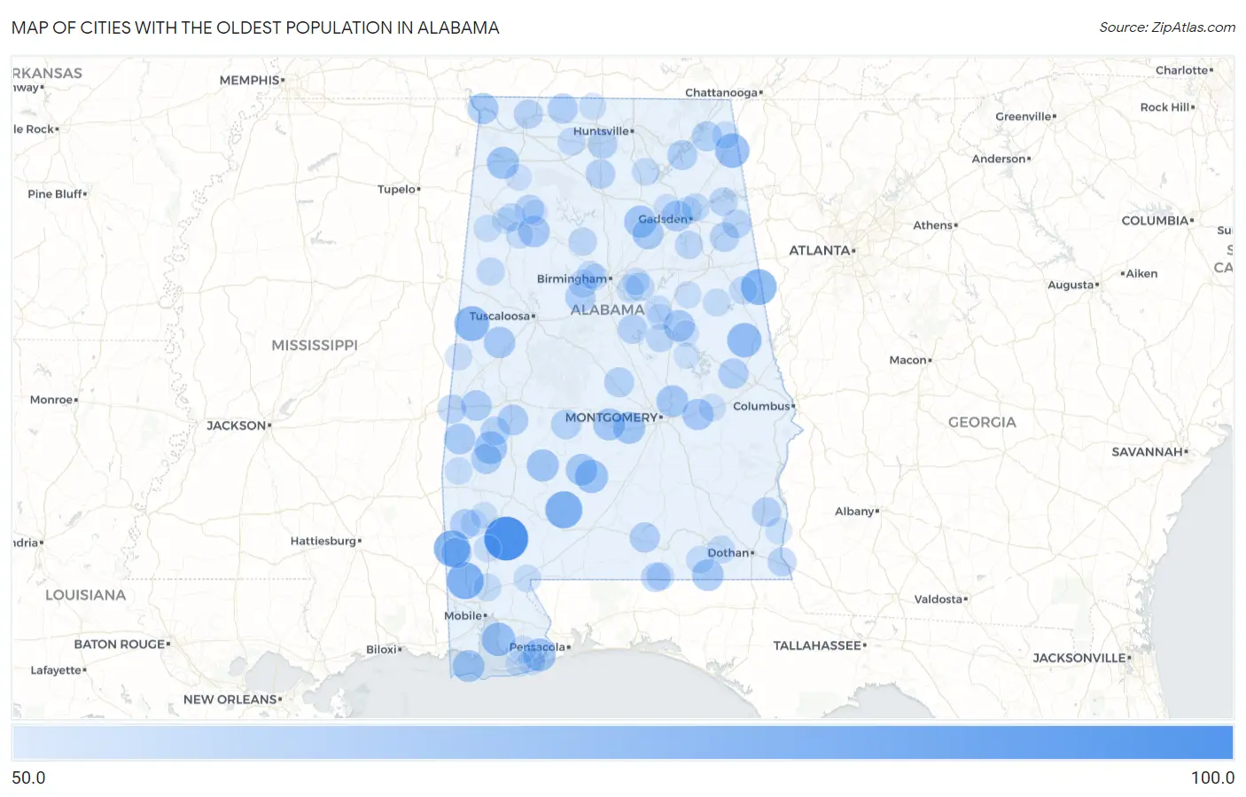 Cities with the Oldest Population in Alabama Map