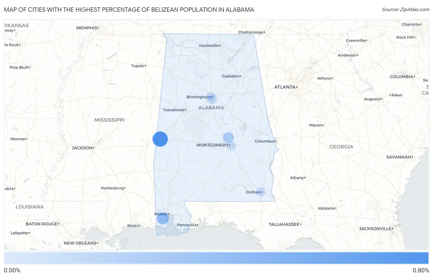 Cities with the Highest Percentage of Belizean Population in Alabama Map