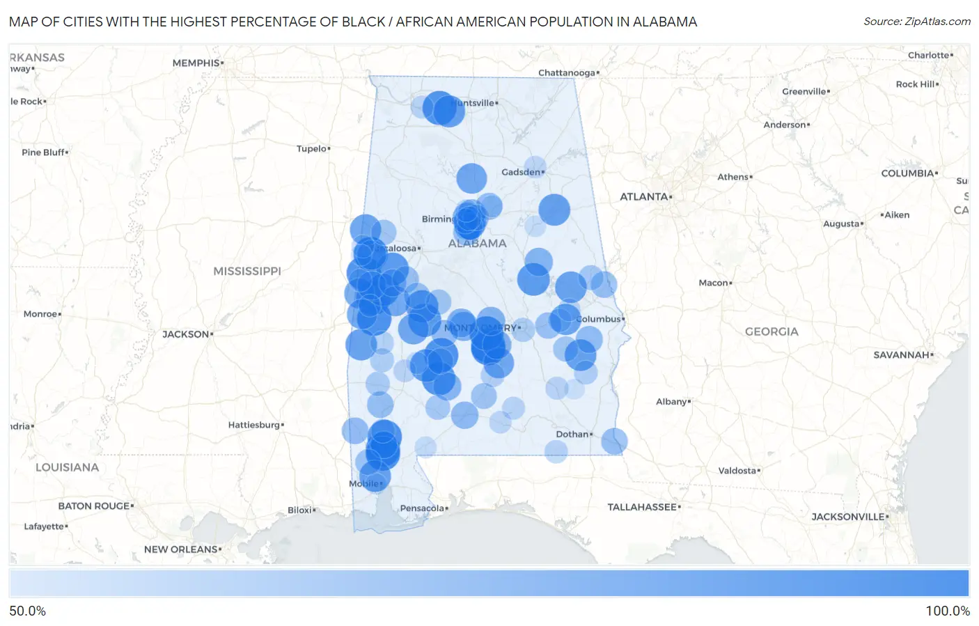 Cities with the Highest Percentage of Black / African American Population in Alabama Map