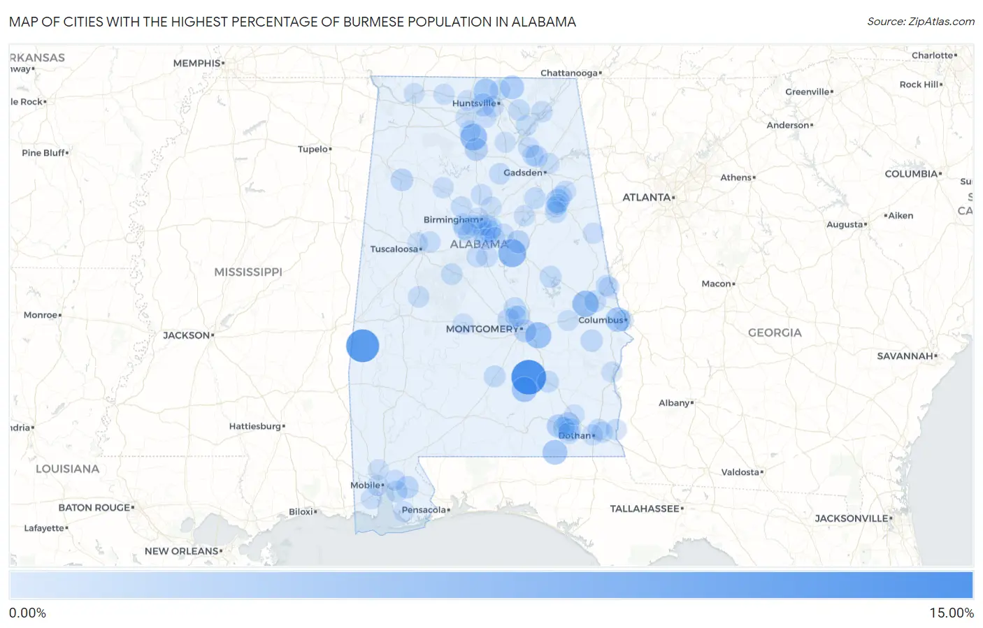 Cities with the Highest Percentage of Burmese Population in Alabama Map