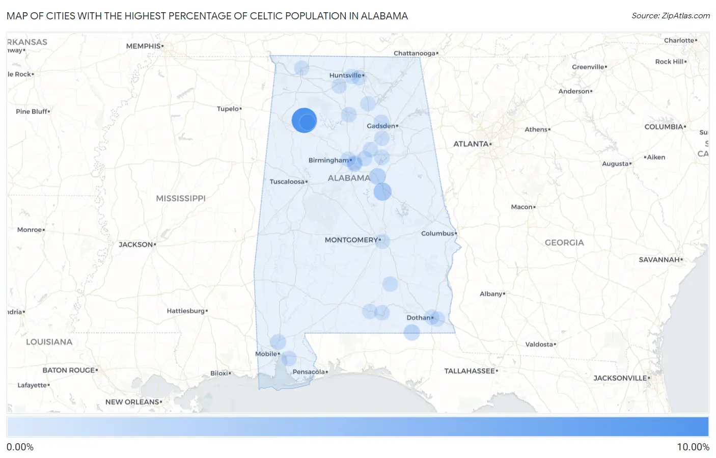 Cities with the Highest Percentage of Celtic Population in Alabama Map