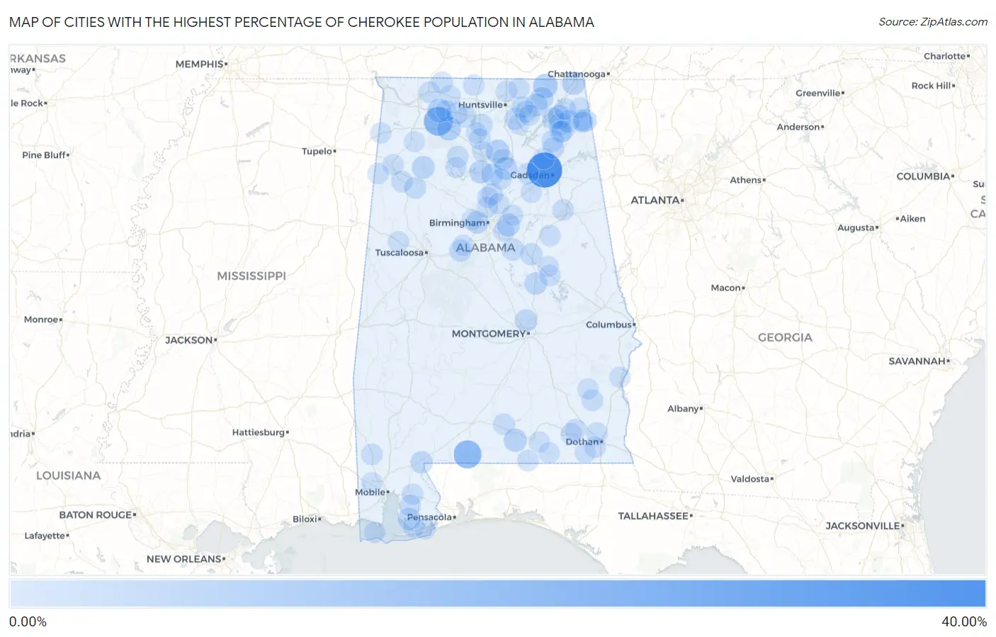 Cities with the Highest Percentage of Cherokee Population in Alabama Map