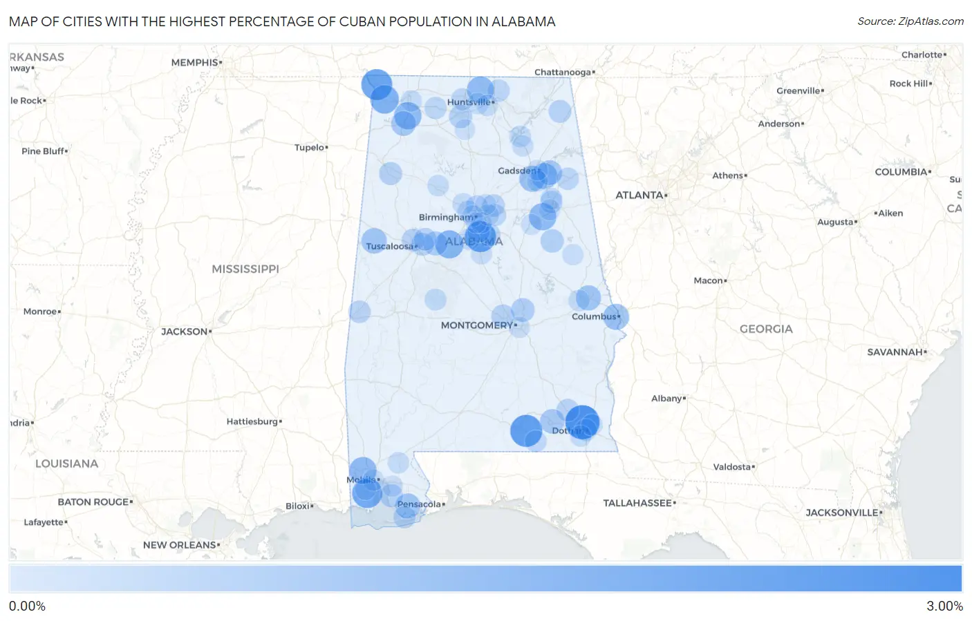 Cities with the Highest Percentage of Cuban Population in Alabama Map