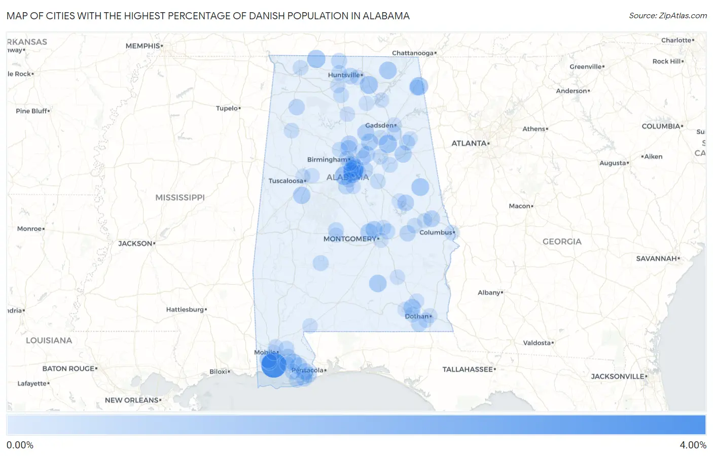 Cities with the Highest Percentage of Danish Population in Alabama Map
