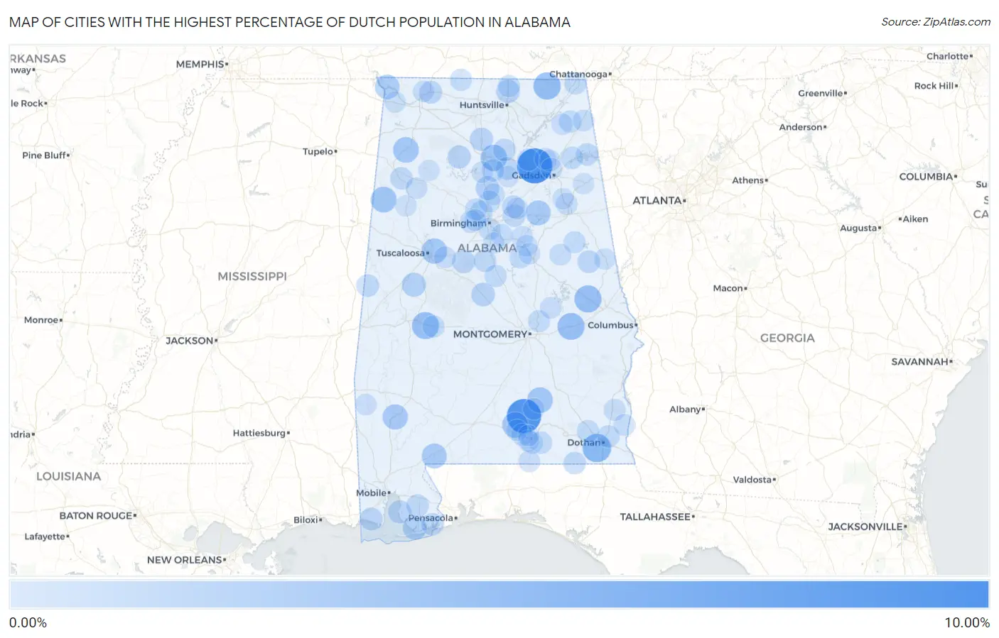 Cities with the Highest Percentage of Dutch Population in Alabama Map