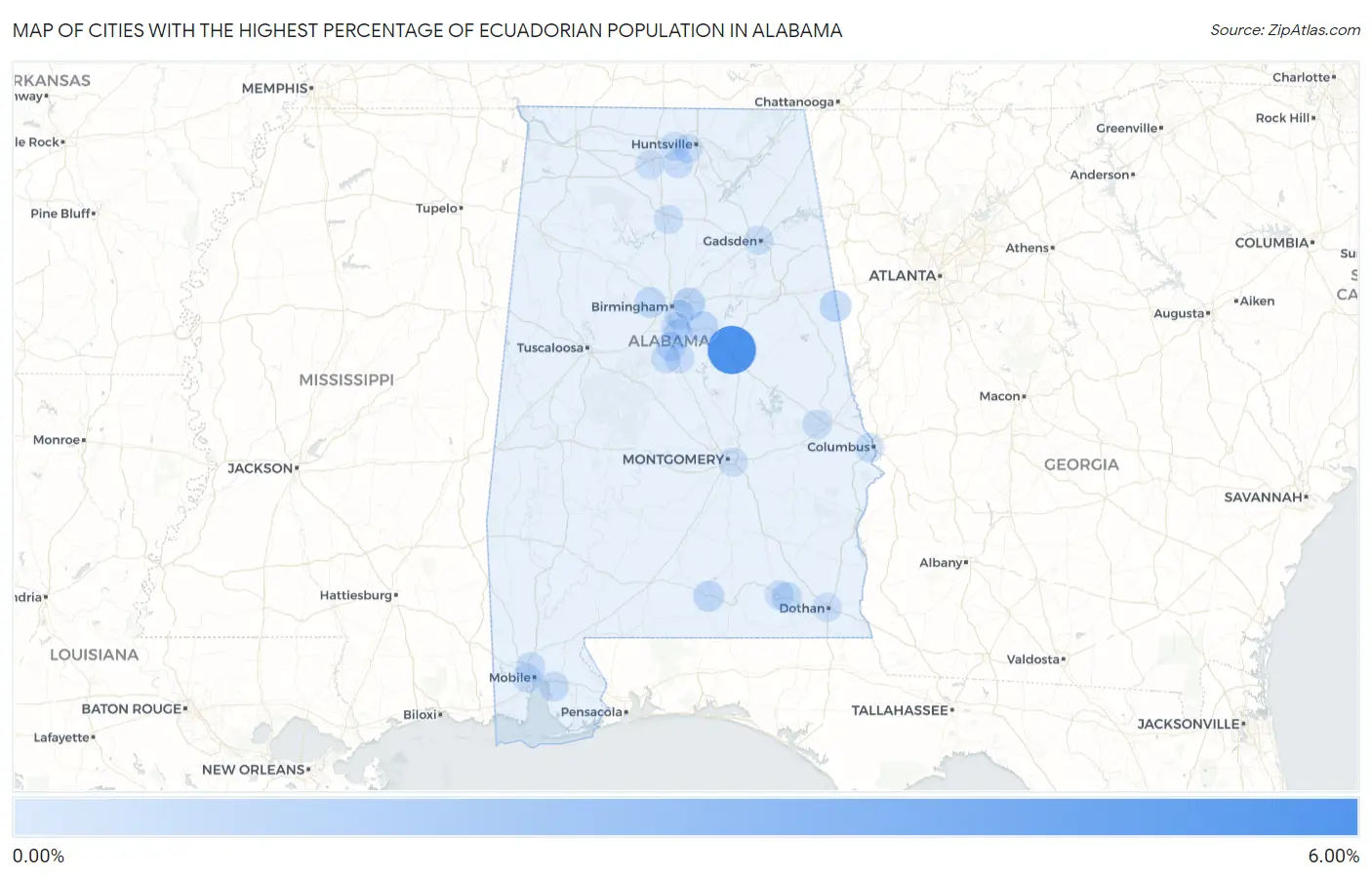 Cities with the Highest Percentage of Ecuadorian Population in Alabama Map