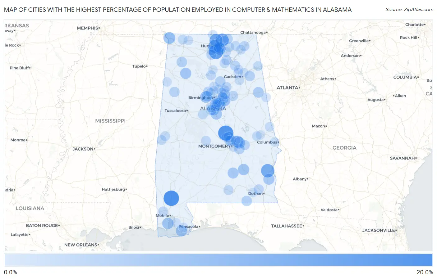 Cities with the Highest Percentage of Population Employed in Computer & Mathematics in Alabama Map