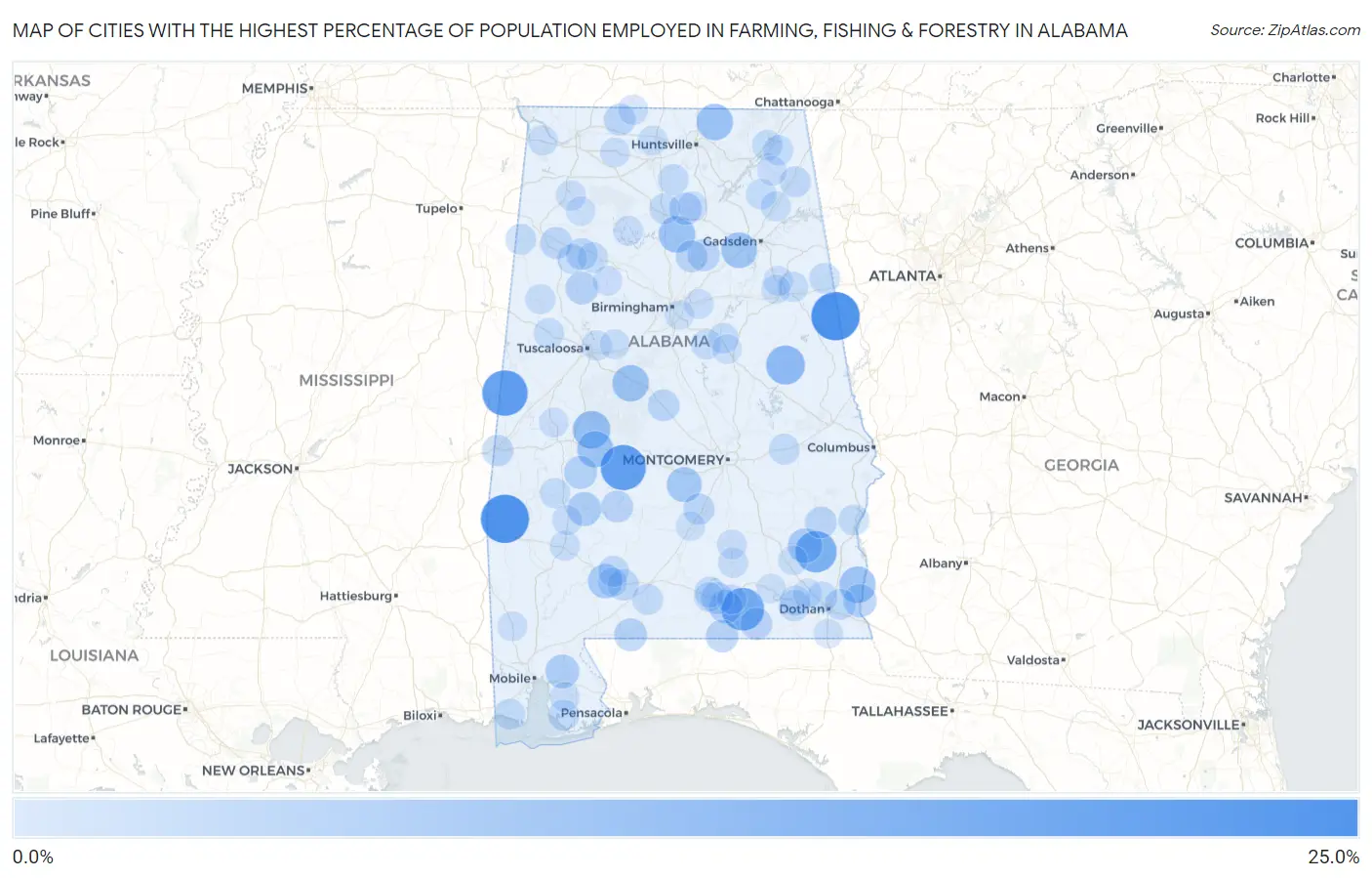Cities with the Highest Percentage of Population Employed in Farming, Fishing & Forestry in Alabama Map